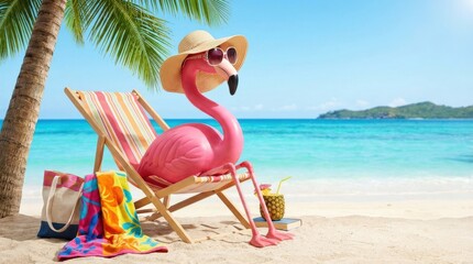 Pink flamingo relaxing in deck chair on sandy beach with summer accessories, vacation concept, tropical leisure scene, copy space, bright playful composition, sunny seasonal atmosphere, no logos