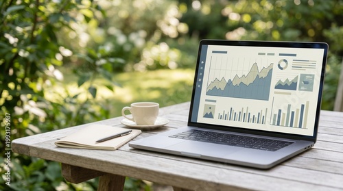 Laptop displaying financial charts on a wooden table outdoors  