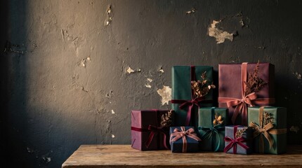 Variety of gift boxes with dark grunge wall background, festive presents concept, elegant celebration arrangement with copy space, dramatic soft light, realistic detail, no logos
