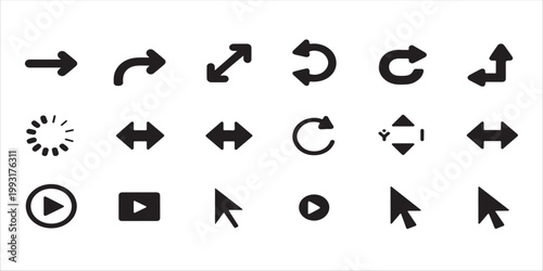 Compilation of diverse black icons representing technology and user interface elements like arrows and cursors on white background.
