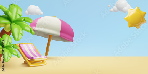 Beach background with 3d parasol, sun lounger, palm tree and copy space. Summer vacation concept realistic vector illustration.