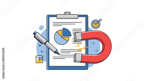 Clipboard with a pie chart and a large magnet illustrates lead generation, data attraction, and effective marketing strategies for business growth.