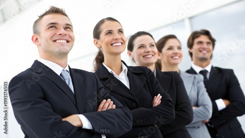 A professional group of smiling businesspeople and executive colleagues standing in a row at the office, showcasing a confident leader and successful teamwork in a corporate setting