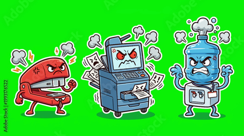 Angry Office Supplies - Stapler, Printer, and Water Cooler Cartoon Characters.