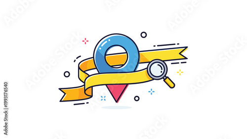 Location pin with a yellow ribbon and a magnifying glass illustrates local business search, navigation, and finding specific map coordinates.