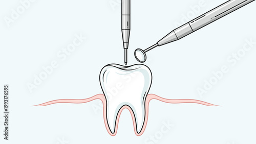 Dental tools like a drill and a mirror are used on a white tooth, representing professional dentistry, oral hygiene, and medical checkups.