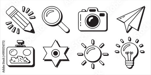 Hand drawn creative tools icons set with pencil magnifying glass camera paper plane light bulb and sun for artistic inspiration and design projects.
