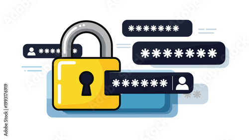 Security concept featuring a yellow padlock protecting user login credentials and multiple masked password fields on a clean background.