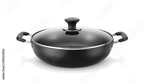 A sleek black cooking pan with a glass lid and two handles on a white background