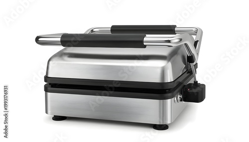 A stainless steel panini press with black accents on a white background