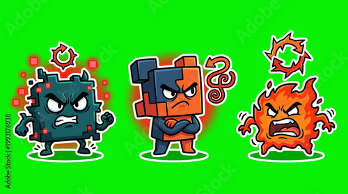 Angry Pixelated Characters Displaying Intense Emotions on Green Background.