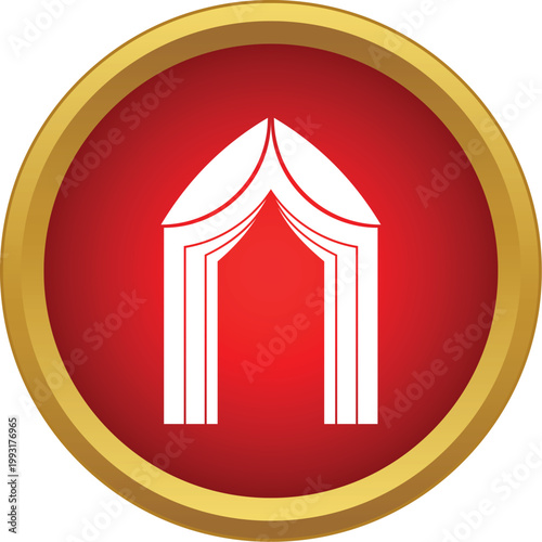 White stage curtains opening on a red background within a gold circle icon