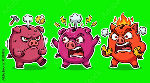 Angry Piggy Bank Trio Displaying Frustration and Rage on Green Background.