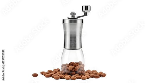 A stainless steel and glass coffee grinder with hazelnuts on a white background