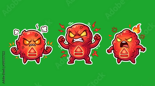 Angry Red Cartoon Characters Displaying Different Emotions on Green Background.