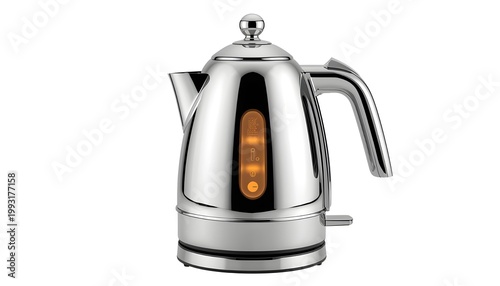 A sleek and modern electric kettle with a shiny silver finish and orange light on a white background