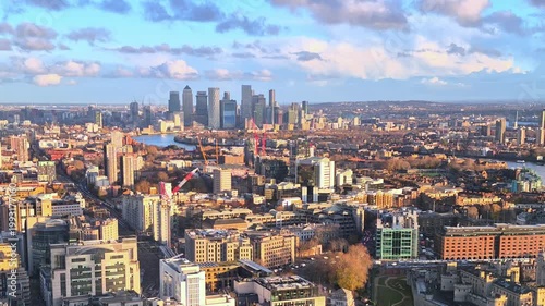 London view at sunset, Canary Wharf and river Thames. UK Time Lapse