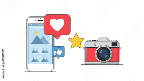 Photography and social media concept showcasing a smartphone displaying an image gallery next to a professional DSLR camera and engagement icons.