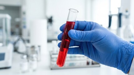 Close up hand in blue glove holding test tube with red liquid, laboratory analysis concept, medical research detail, clean bright background, no logos