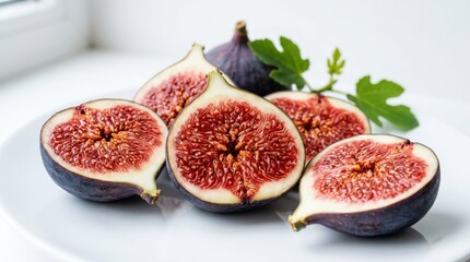 Fresh ripe fig halves showing juicy red flesh and seeds on white background, healthy fruit close-up, clean food styling, high detail, no logos