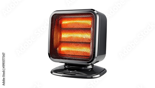 A sleek black portable heater with glowing orange lights on a white background