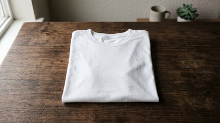 Neatly folded white T-shirt on dark table, apparel mockup concept, minimalist clothing still life with soft shadows, realistic detail, no logos
