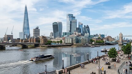 River Thames London cityscape with modern skyscrapers, dynamic urban waterfront scene with glass towers and city reflections, daylight, realistic detail, no logos