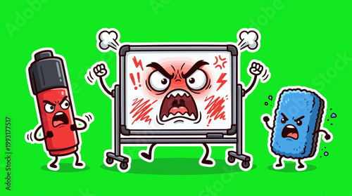 Angry whiteboard, marker, and eraser with furious expressions on green background.