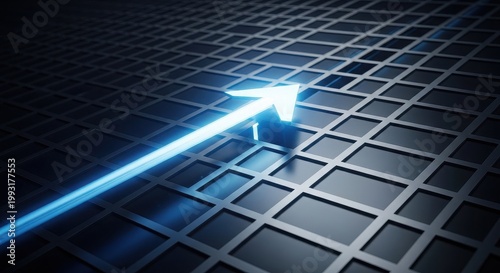 Sharp glowing arrow cutting through grid background, high impact finance ad