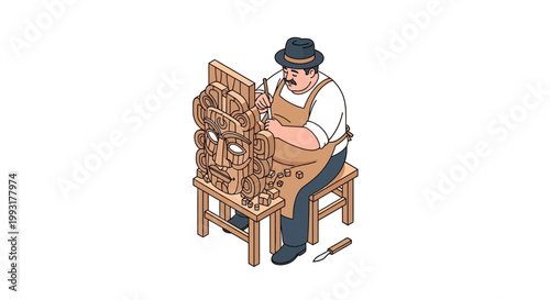Artisan Craftsman Working Intricately on Wooden Sculpture with Tools.