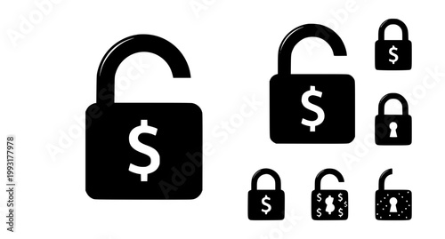 Paid Lock with Dollar Sign Icon Set Vector Illustration