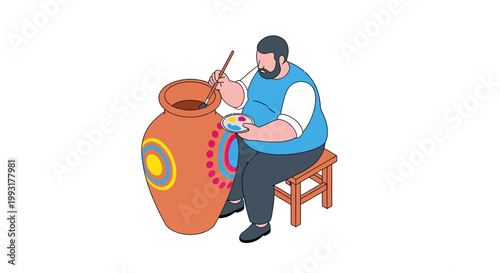 Artisan painting a large ceramic pot with intricate designs and details.