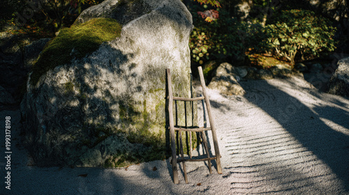 Zen garden with sunlight casting shadows on large moss covered rock and rustic wooden ladder inviting peaceful meditation walk along raked gravel paths