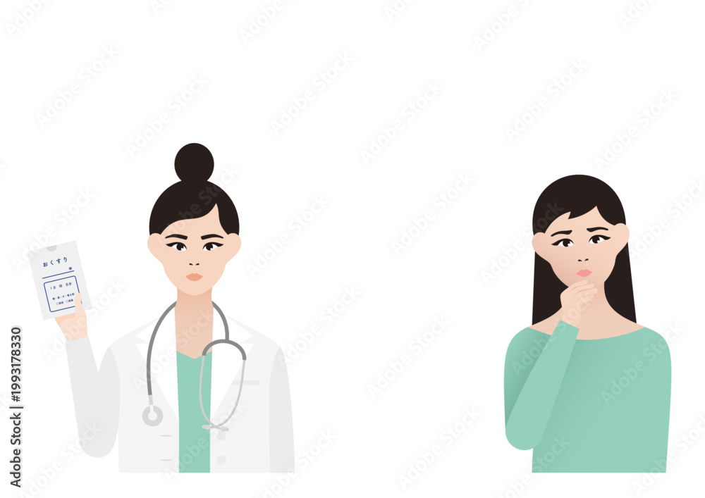 Obraz premium 悩む・不安な女性患者と薬の説明をする女医の診療ベクターイラスト素材