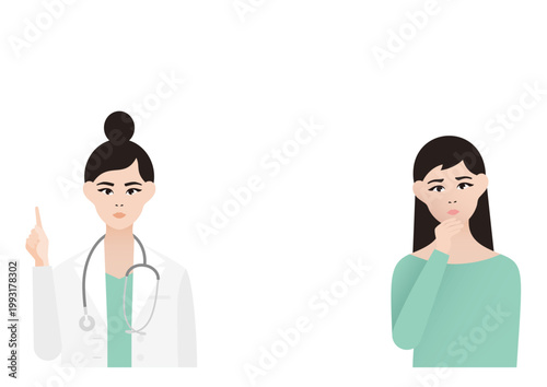 悩む・考える女性患者と指差し説明をする女医の診療ベクターイラスト素材