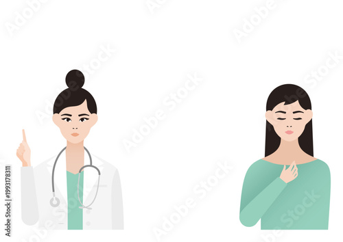 ほっと安心する女性患者と指差し説明をする女医の診療ベクターイラスト素材