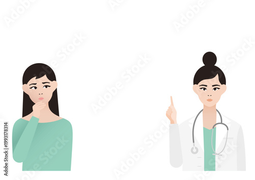 悩む・不安な女性患者と指差し説明をする女医の診療ベクターイラスト素材