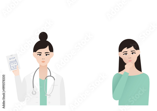 悩む・不安な女性患者と薬の説明をする女医の診療ベクターイラスト素材