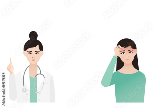 発熱・頭痛のする女性患者と女医の診療ベクターイラスト素材
