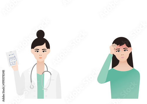 発熱・頭痛のする女性患者と薬の説明をする女医の診療ベクターイラスト素材
