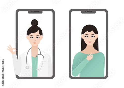 オンライン診療でほっと安心する女性患者とOKサインをする女医のベクターイラスト素材