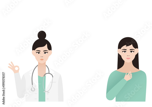 ほっと安心する女性患者とOKサインをする女医の診療ベクターイラスト素材