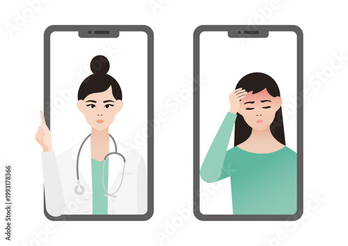 オンライン診療で発熱・ひどい頭痛のする女性患者と女医のベクターイラスト素材