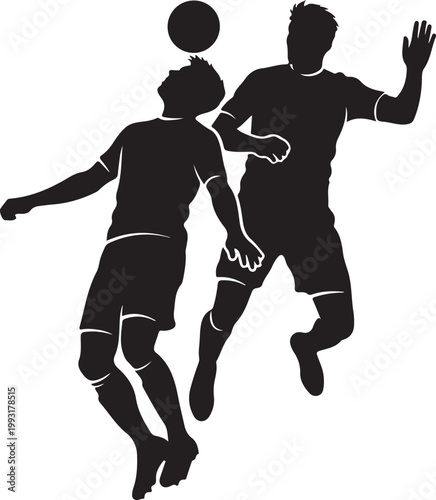 Two soccer players competing intensely for control of the airborne ball during a match silhouette vector icon