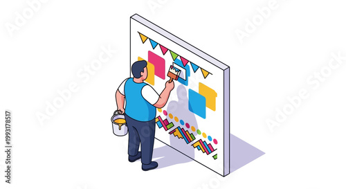 Artist painting colorful artwork on a large white canvas with brush.