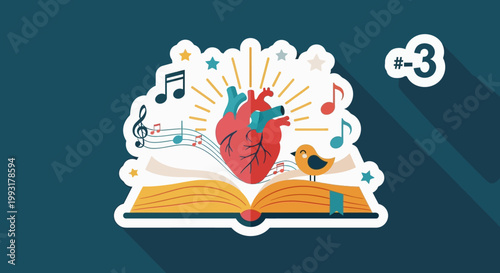 Artistic depiction of a human heart with musical notes and a bird.