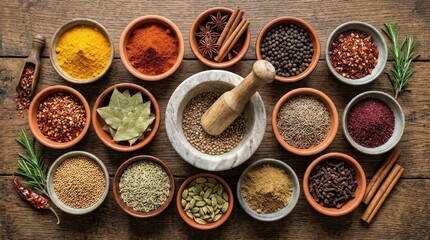 Assortment of vibrant spices displayed in bowls with a mortar and pestle, rich colors, culinary ingredient flat lay, aromatic food concept, rustic styling, soft natural or studio light, realistic