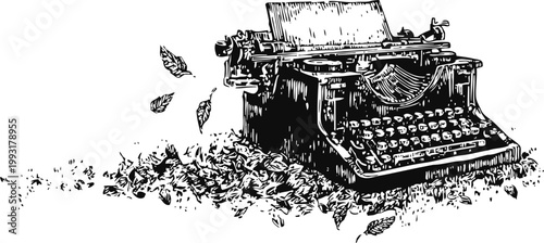 Vintage typewriter with scattered falling leaves black and white sketch illustration