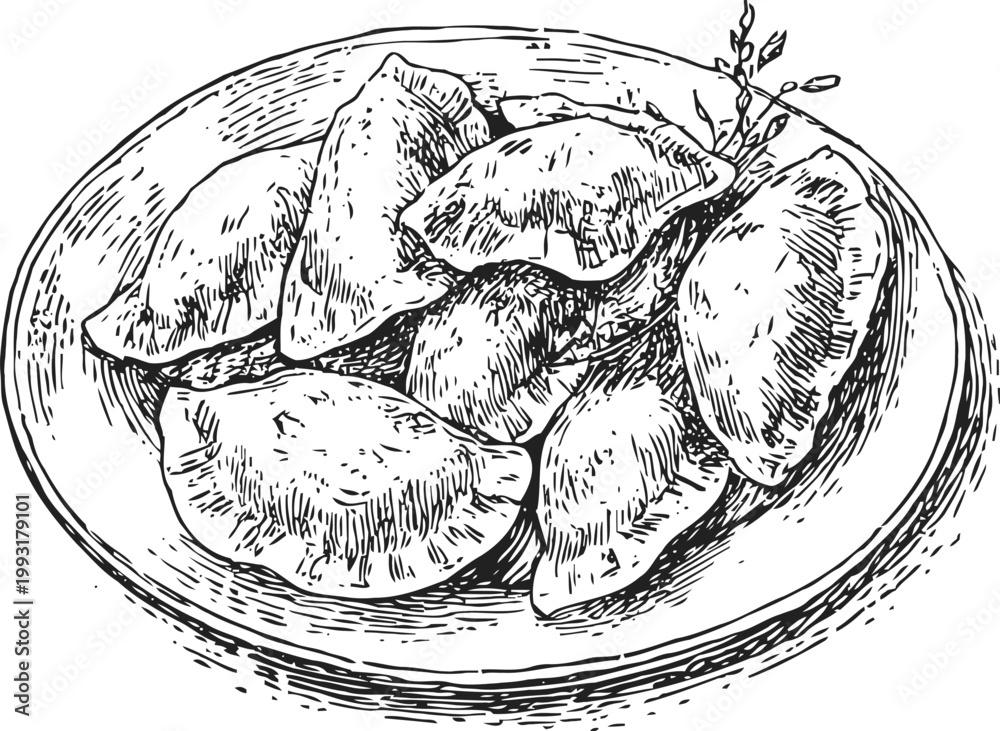 Obraz premium Hand drawn pierogi on a plate with herbs, traditional eastern european dumplings sketch