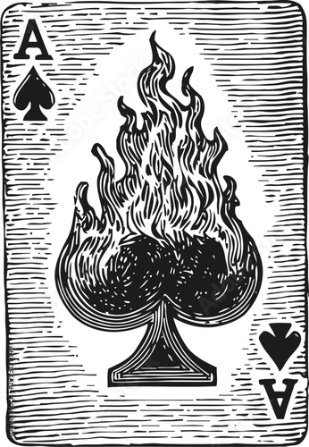 Ace of spades playing card with flaming spade symbol in vintage engraving